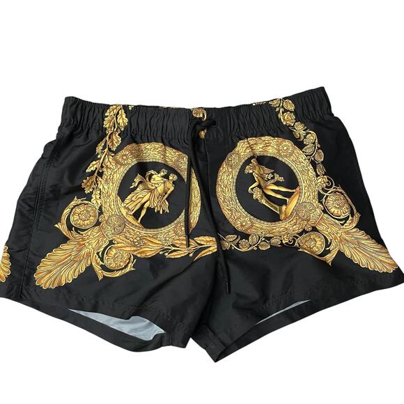Versace Heritage Print Swim Shorts Mens Size 4 Black Gold Beach Designer Lined - Picture 1 of 11